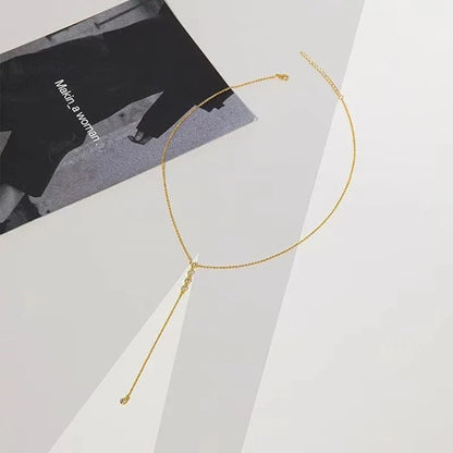 Y2K Simple Zircon Long Tassel Chain Necklaces for Women Metal Geometric Bead Choker Necklace Women's Jewelry