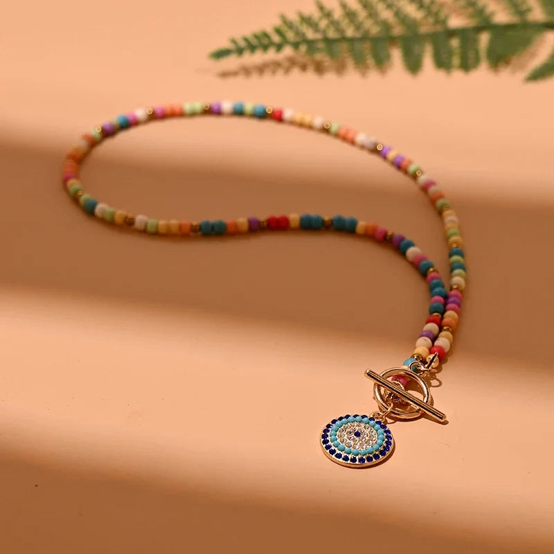 Colorful Stone Choker Necklace | Round Evil Charm Pendant for Women