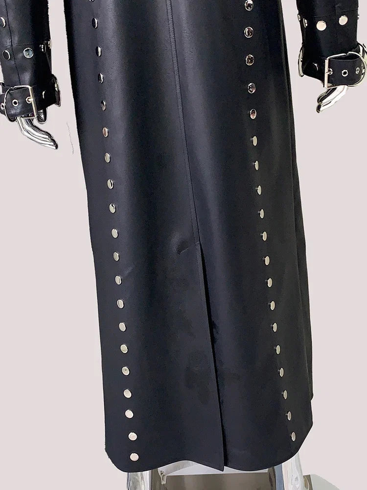 Men’s Luxury Black PU Leather Trench Coat – Rivet Punk Designer Jacket | Longline Streetwear Overcoat (Spring/Fall)