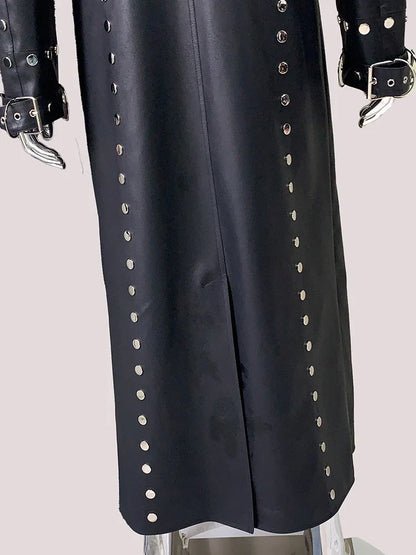 Men’s Luxury Black PU Leather Trench Coat – Rivet Punk Designer Jacket | Longline Streetwear Overcoat (Spring/Fall)