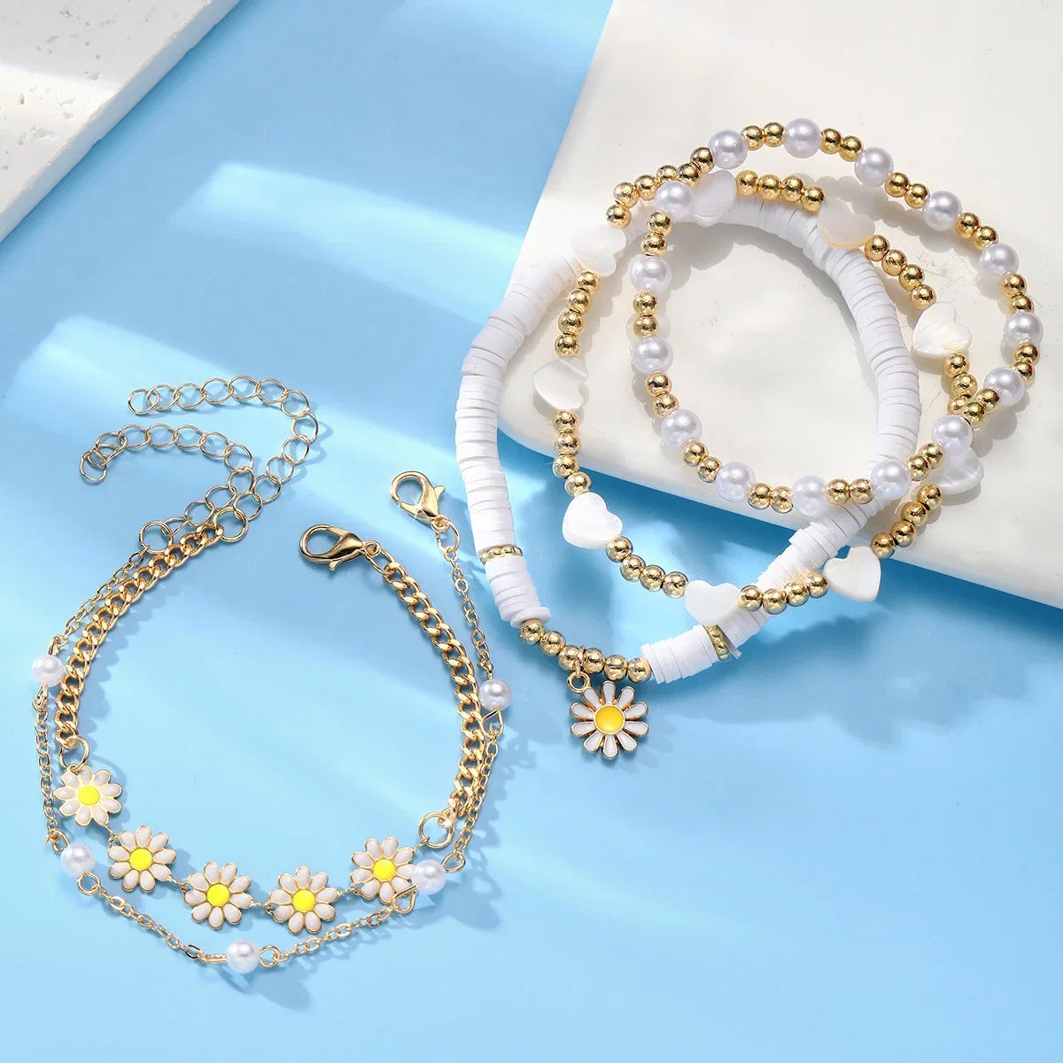 New 10 Pcs Vintage Bohemian Bracelet Set for Women Daisy Flower Pendant Beaded Star Heart Pearl Bangles 2024 Trendy Jewelry Gift