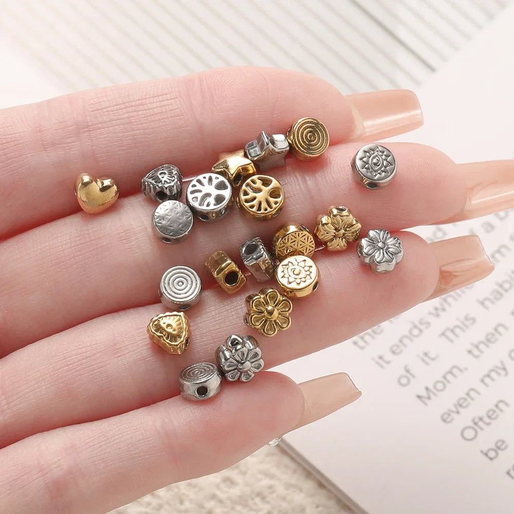 10Pcs/Pack Stainless Steel Various Shape Gold Steel Color Texture Spacer Beads for DIY Bracelet Jewelry Making Accessories