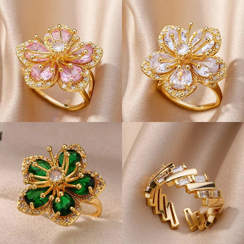 Pink Zircon Flower Rings for Women Gold Color Stainless Steel Ring 2025 Trend Elegant Floral Luxury Aesthetic Jewelry anillos