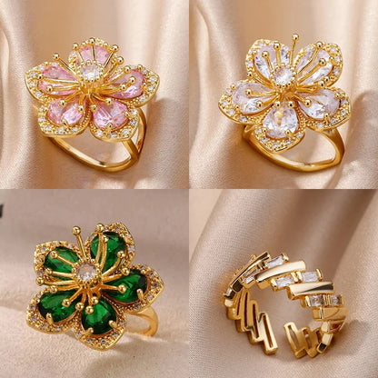 Pink Zircon Flower Rings for Women Gold Color Stainless Steel Ring 2025 Trend Elegant Floral Luxury Aesthetic Jewelry anillos