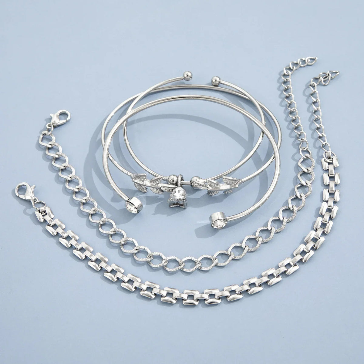 Bohemian Silver Color Geometric Link Chain Bracelet Set For Women Crystal Leaf Open Cuff Bangle Female Boho Jewelry Accessory