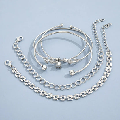 Bohemian Silver Color Geometric Link Chain Bracelet Set For Women Crystal Leaf Open Cuff Bangle Female Boho Jewelry Accessory