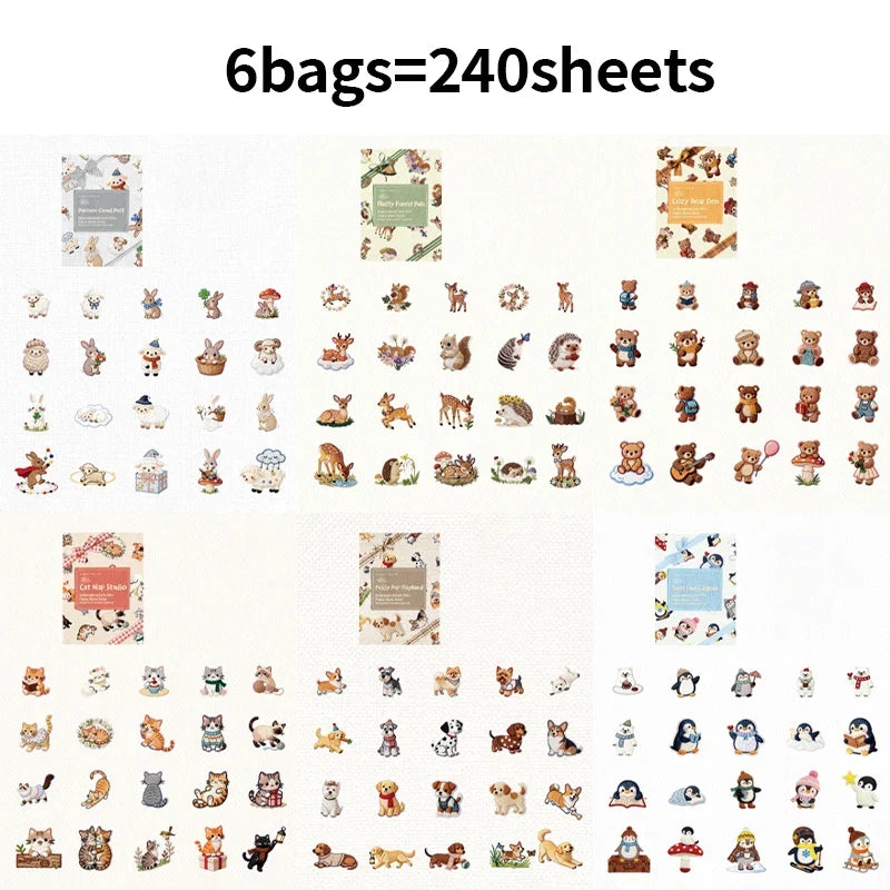Kawaii Embroidered Fabric Pet Sticker Set | 40Pcs White Kraft Paper Journal Decor