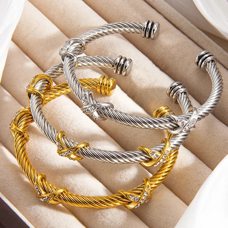 1pcs Stainless Steel 8-shaped Cross Diamond Bracelet Trendy Fashion Versatile Steel Rope Open Bracelet Party Jewelry Gifts
