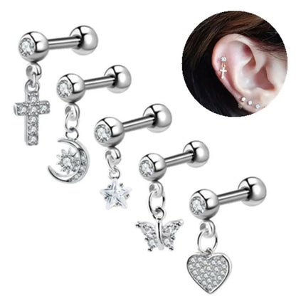 Moon Star Cartilage Earring Set | Cute Tragus Helix Daith Jewelry