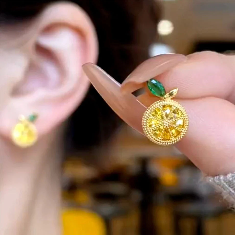 Yupsk Korean Cute Orange Lemon Fruit Stud Earrings for Women Girls Delicate Yellow Cubic Zirconia Fashion Daily Ear Accessories