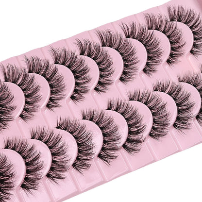 10 Pairs Natural Fluffy False Eyelashes Wispy Lashes | 3D Volume Strip Lashes D Curl Fake Eyelashes with Clear Band