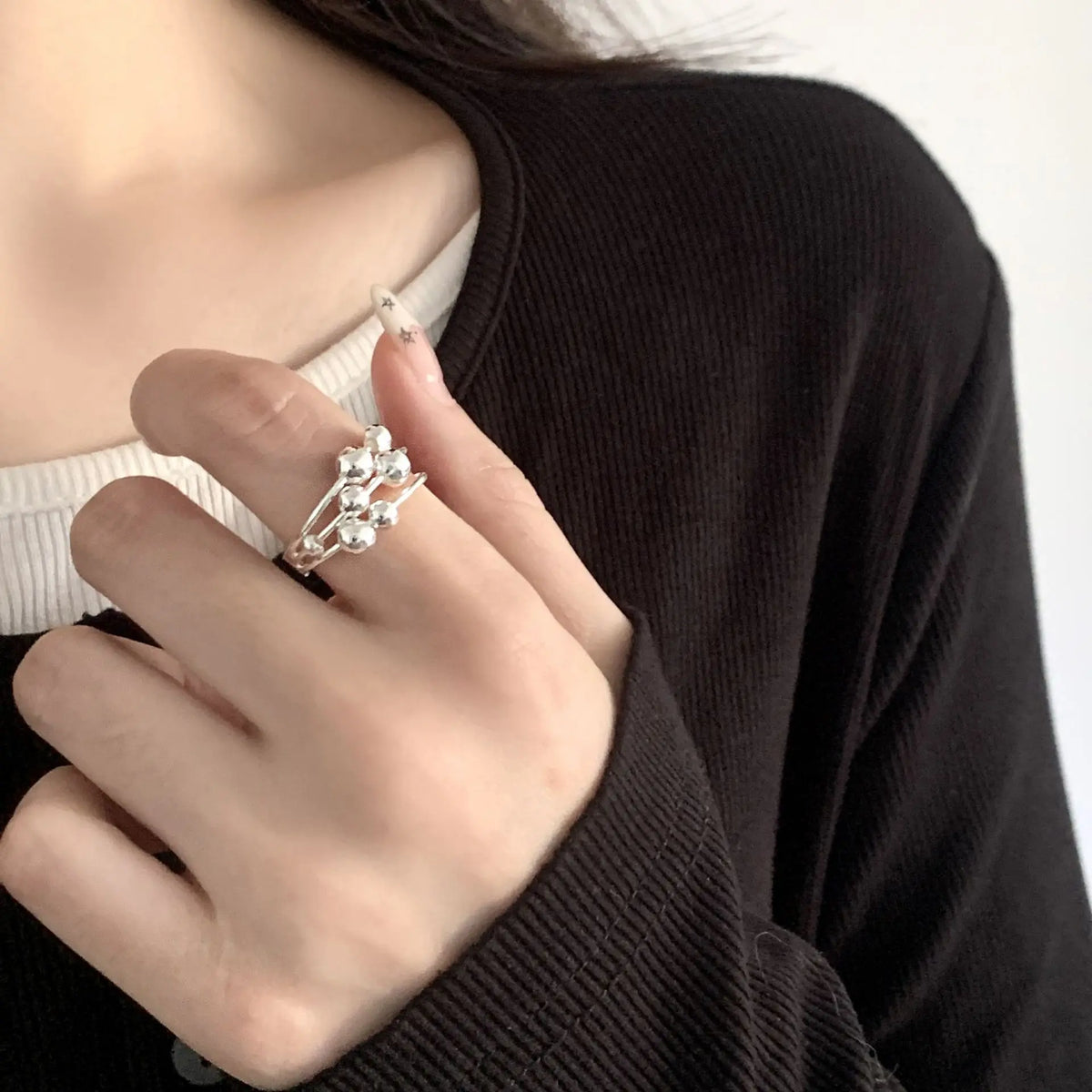 PANJBJ 925 Sterling Silver Pearl Irregular Ring | Women Shell Overlapping Hollow Sweet Design Jewelry