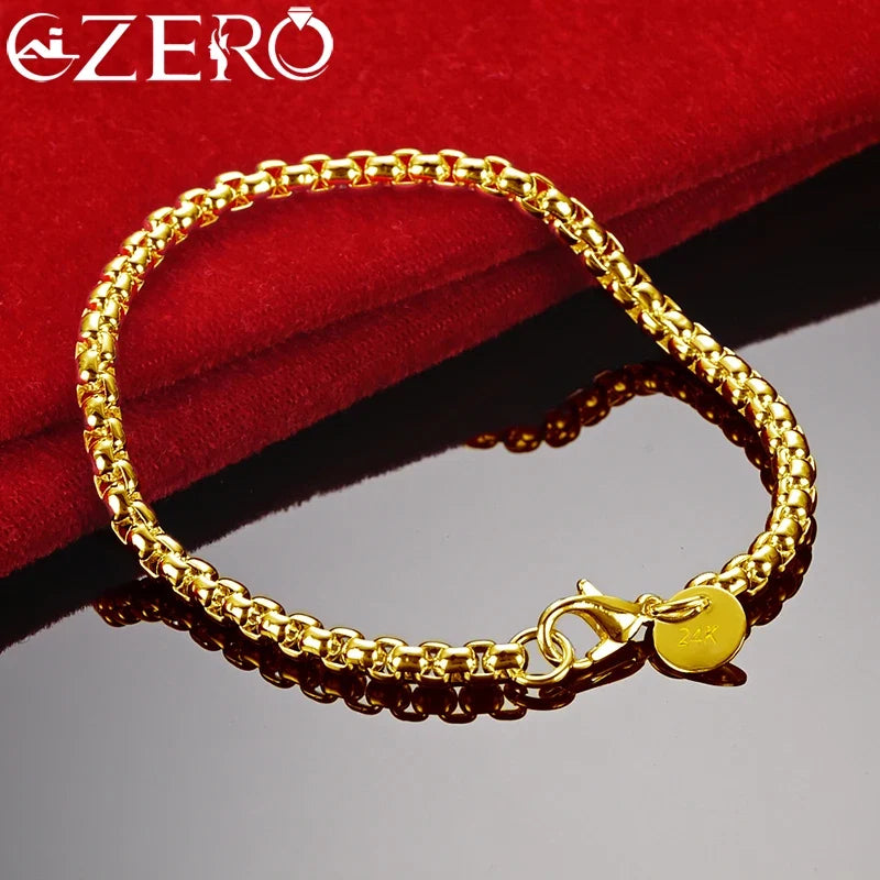 ALIZERO 18K Gold Bracelets 925 Sterling Silver 4mm Round Box Chain Bracelet For Woman Man Fashion Jewelry Wedding Party Gift