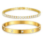 Yupsk 2 Pieces Stainless Steel Zirconia Tennis Bracelet Bangle Set Round Zircon CZ Aesthetic Women Jewelry Set Gift