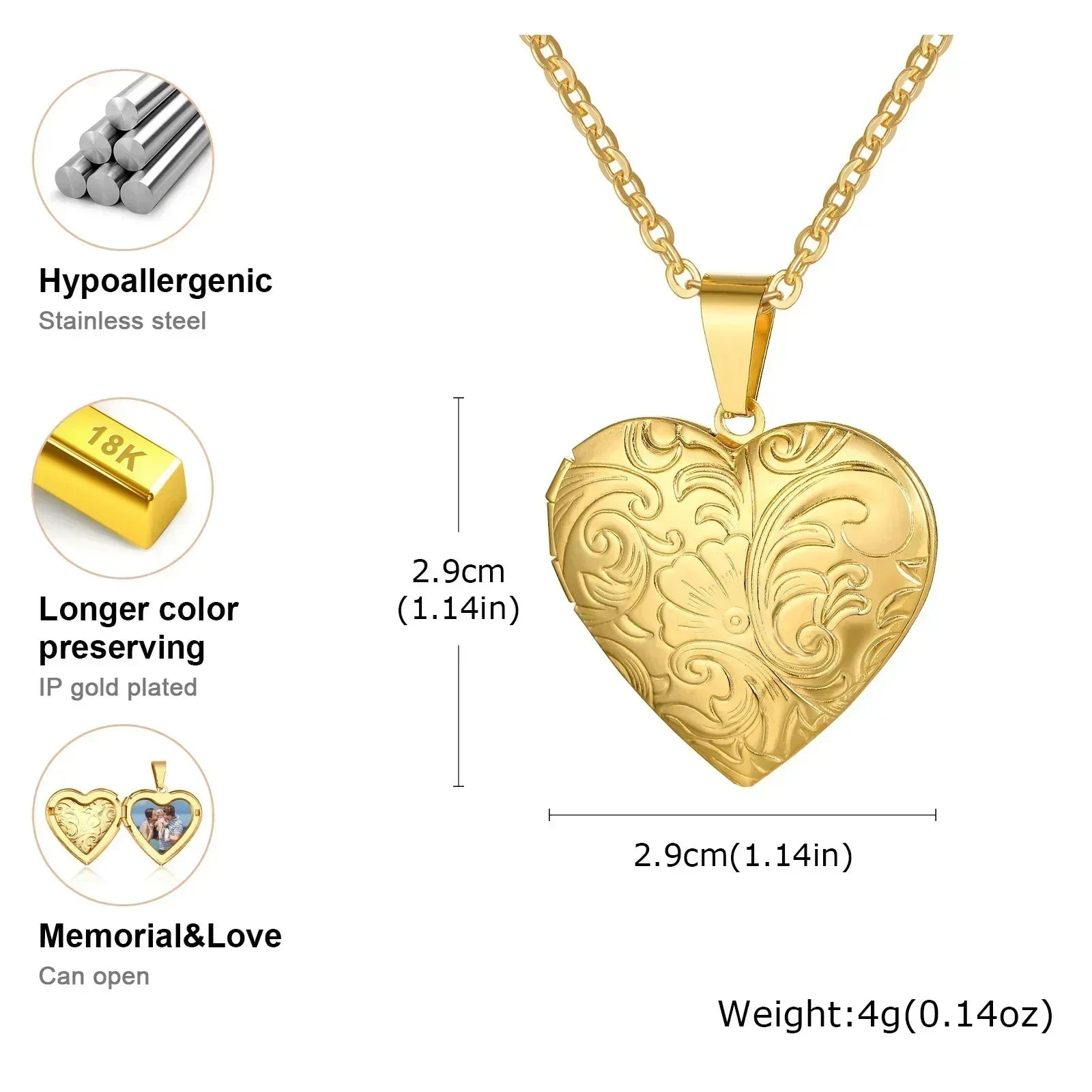 Vnox Stainless Steel Heart Locket Necklace Pendant with Photo Frame, Elegant Gold Plated Design Womens Gift