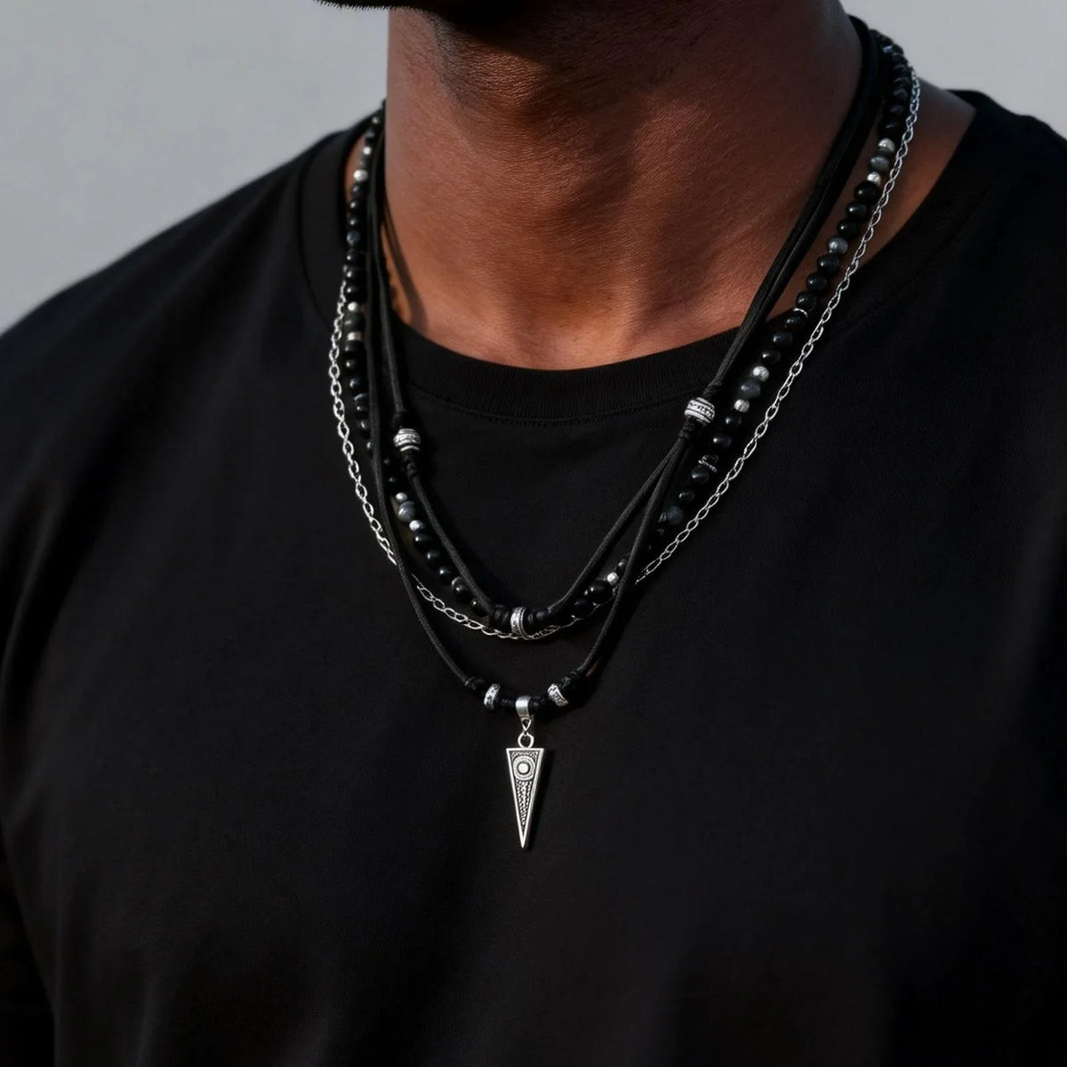 Rock Punk Layering Necklace for Men,Casual Multi Layer Black Leather Necklace,Waterproof Small Geometric Pendant Gift