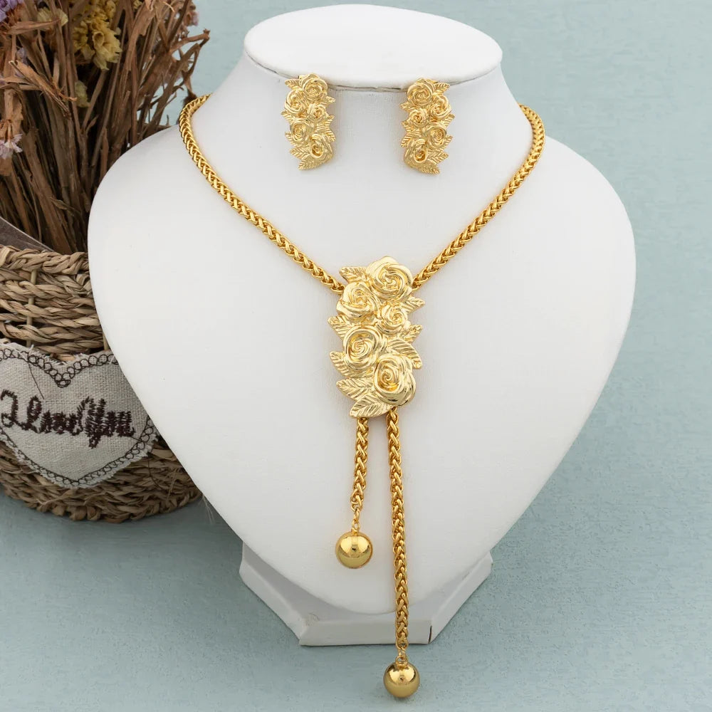 New Fashion Gold Plated Jewelry Set Pendant Dubai Italy Necklace Drop Earrings for Women Adjustable Chain Party Bohemia Jewelry