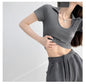 Y2K Tops Women U-shaped Lapel Short Sleeve Tees Summer High Waist Thread Crop Top