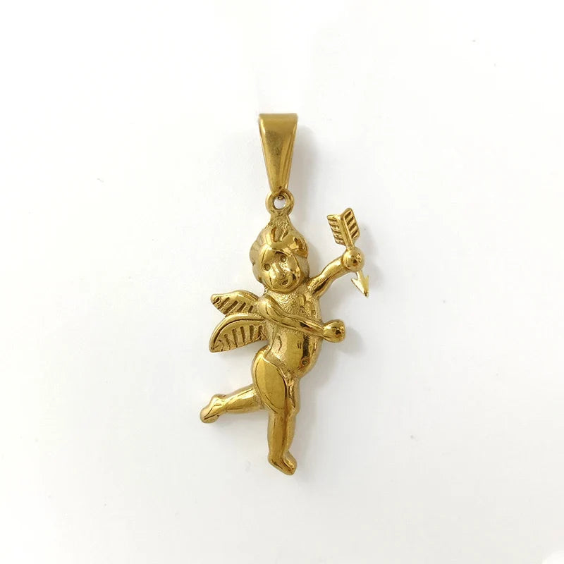 Vintage Stainless Steel Cupid Charm Pendant Necklace Waterproof 18K Gold Plated Necklace Unisex Jewelry Gift