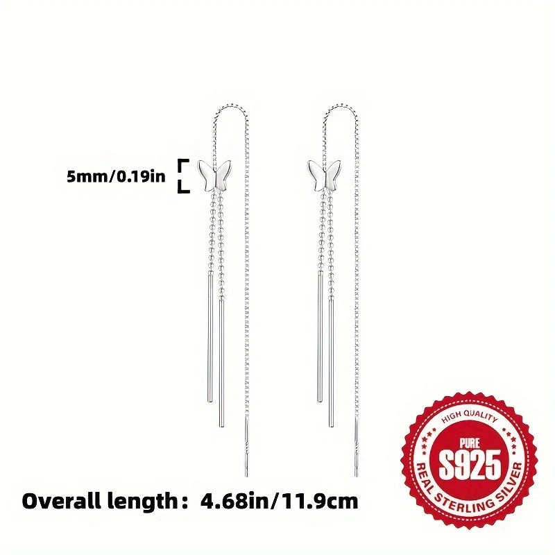 Pair of S925 Silver Butterfly Tassel Earrings for Ladies Low Allergy Sweet Girl Versatile Daily Accessory Perfect Gift for Women