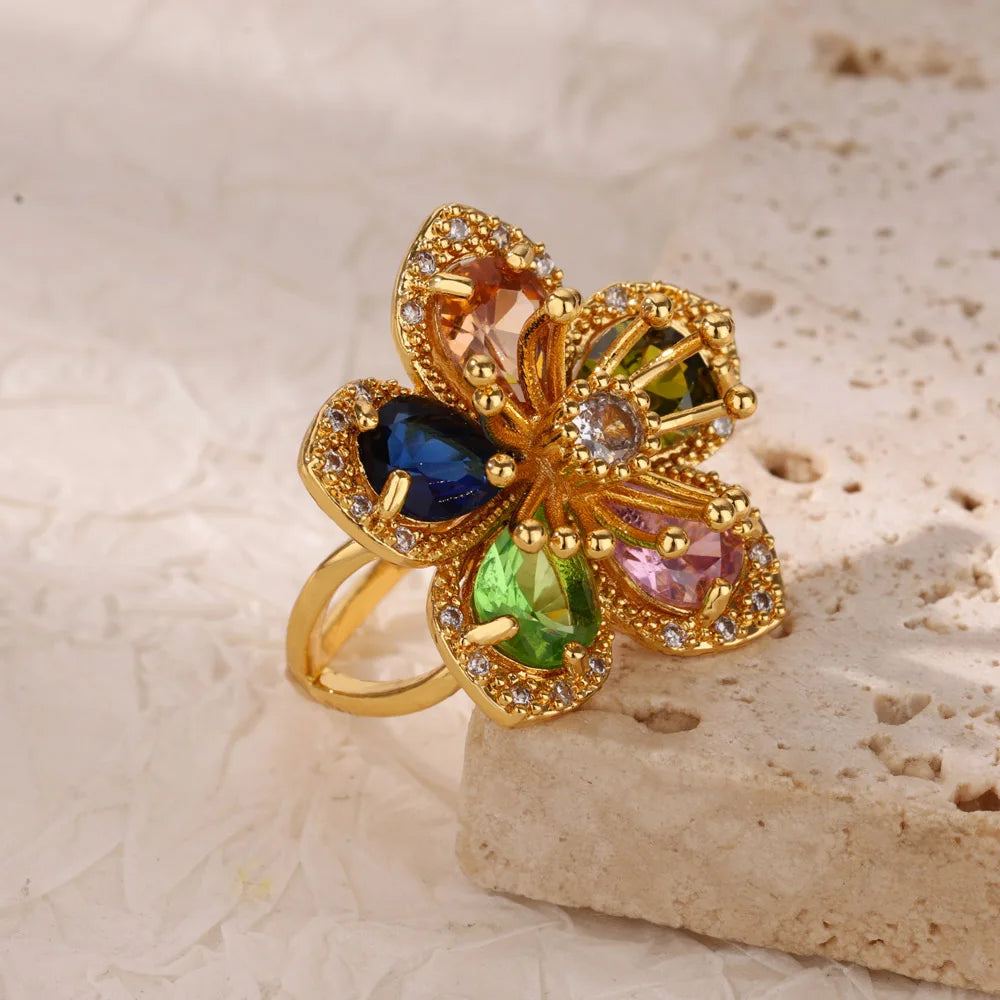 Luxury Colorful Zircon Flower Rings For Women Gold Color Stainless Steel Opening Ring Fashion Wedding Party Aesthetic Jewelry
