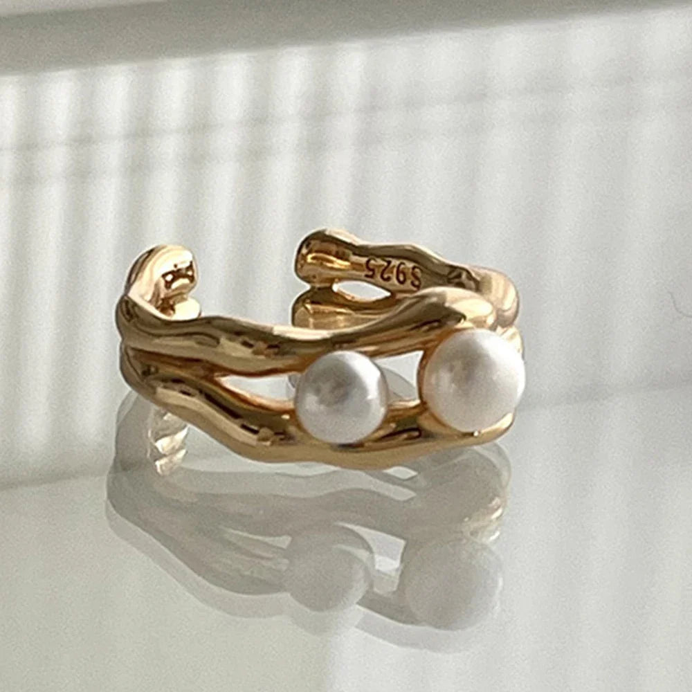 PANJBJ 925 Sterling Silver Pearl Irregular Ring | Women Shell Overlapping Hollow Sweet Design Jewelry