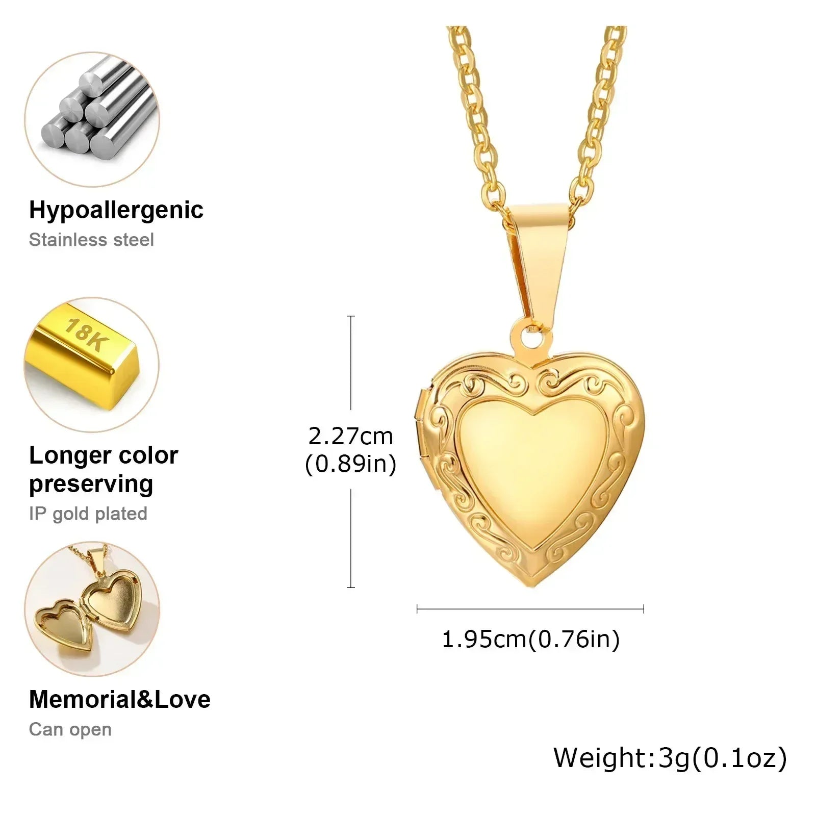 Vnox Stainless Steel Heart Locket Necklace Pendant with Photo Frame, Elegant Gold Plated Design Womens Gift