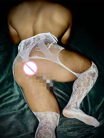 New Sexy Halter Men Fishnet Bodystockings Women Erotic Lingerie Open Crotch White Crotchless Teddies Bodysuit Underwear Costumes
