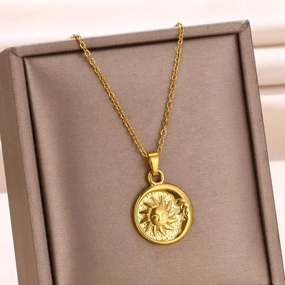 Stainless Steel Sun Sunflower Pendant Necklace For Women Gold Color Round Charm Clavicle Chain Necklaces Fashion Jewelry Gift