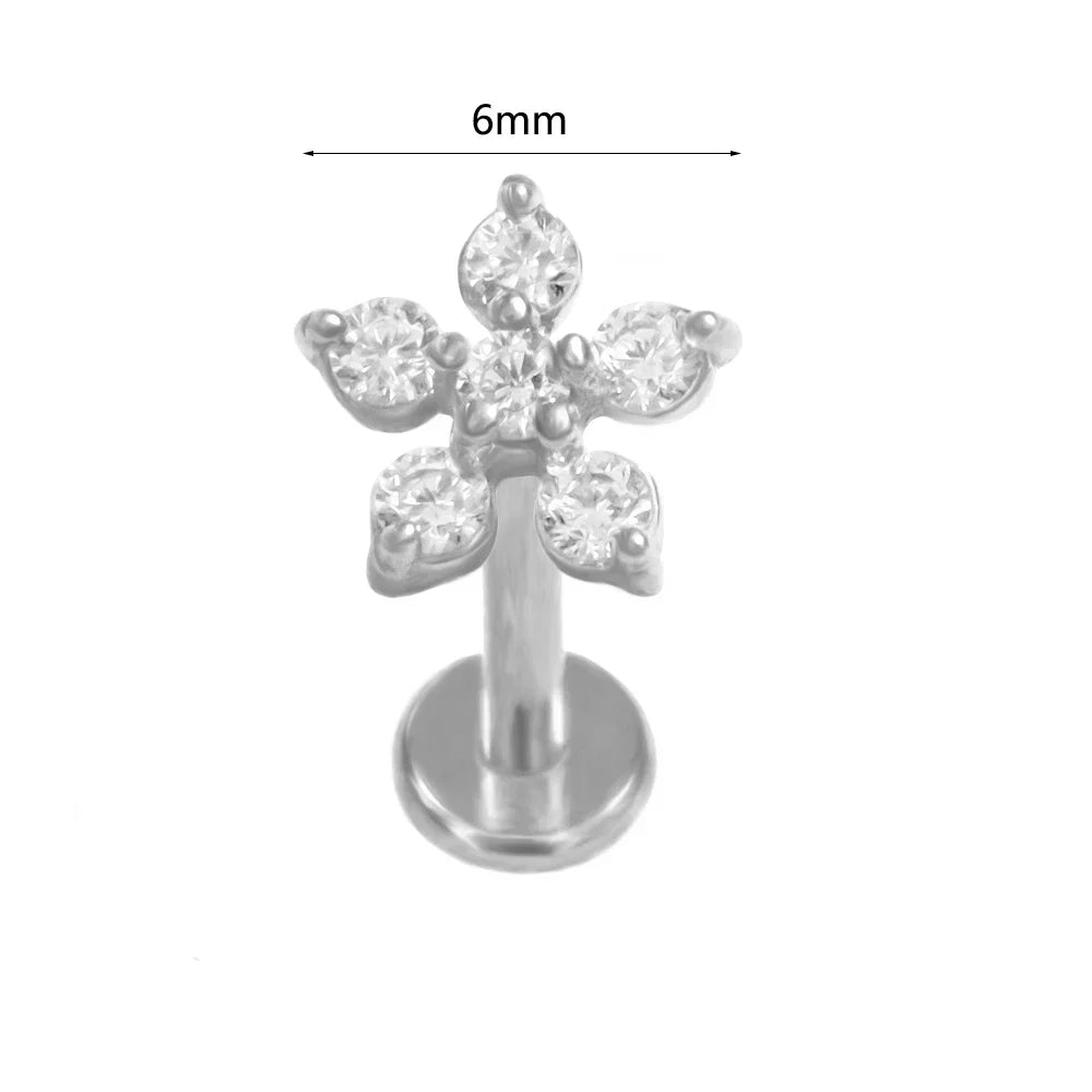 100% 316L Surgical Steel Flower Labret Piercing Butterfly Bee Tragus Snake Cartilage Helix Flat Back CZ Earrings Body Jewelry