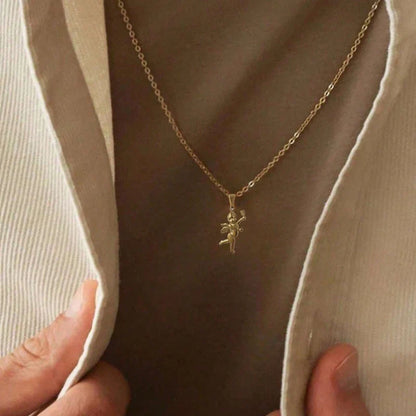 Vintage Stainless Steel Cupid Charm Pendant Necklace Waterproof 18K Gold Plated Necklace Unisex Jewelry Gift