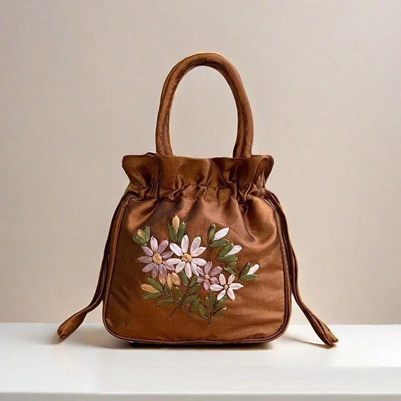 Small Embroidered Flower Bucket Bag | Women's Top Handle Drawstring Purse