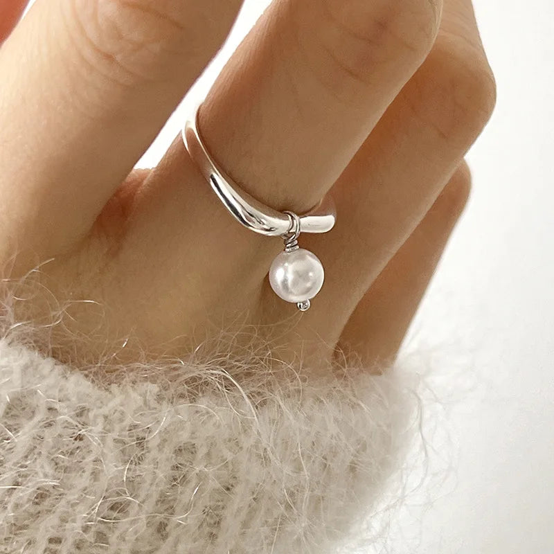 PANJBJ 925 Sterling Silver Pearl Irregular Ring | Women Shell Overlapping Hollow Sweet Design Jewelry