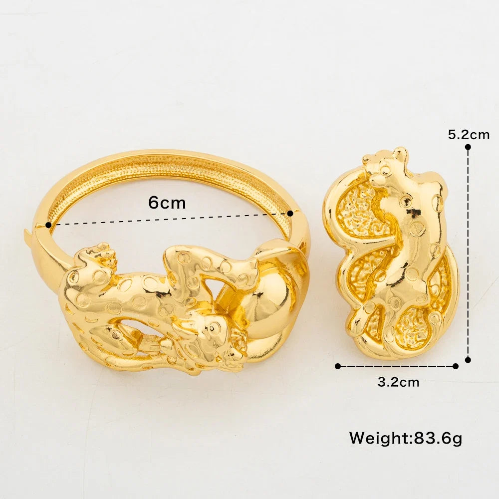 Trend Bangle with Ring Set for Party 18k Gold Color New Design Hand Bracelet Cocktail Ring Weddings Bride Set Ladies Jewellery