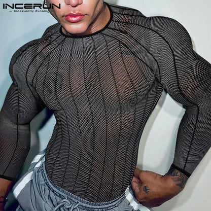 Party Nightclub Style Tops INCERUN Men's See-through Thin Design T-shirts Sexy Leisure Male Hot Sale Long Sleeved Camiseta S-3XL