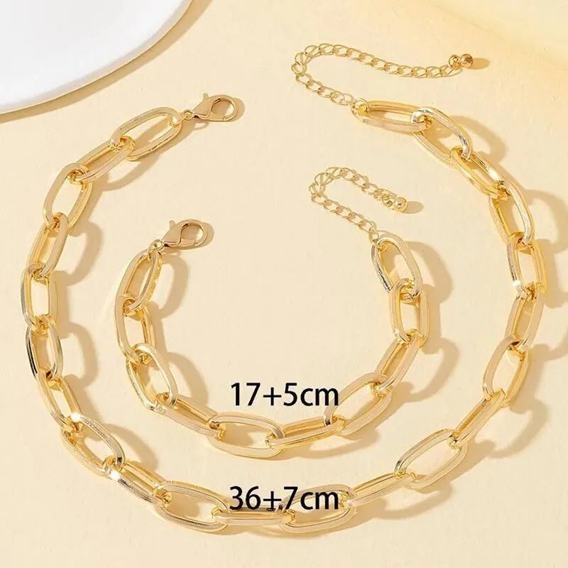 2 PCS Set Gold Color Link Chain Necklace Bracelet Set Punk Bracelet Big Link Chain Dubai Africa Party Jewelry Set Gift FOr Women