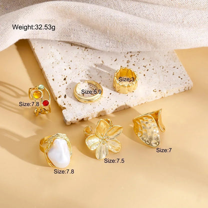 6pcs/Set Vintage Metal Flower Ring Set for Women Punk Elegant Baroque Faux Pearl Knuckle Rings Daily Wear Party Holiday Gifts