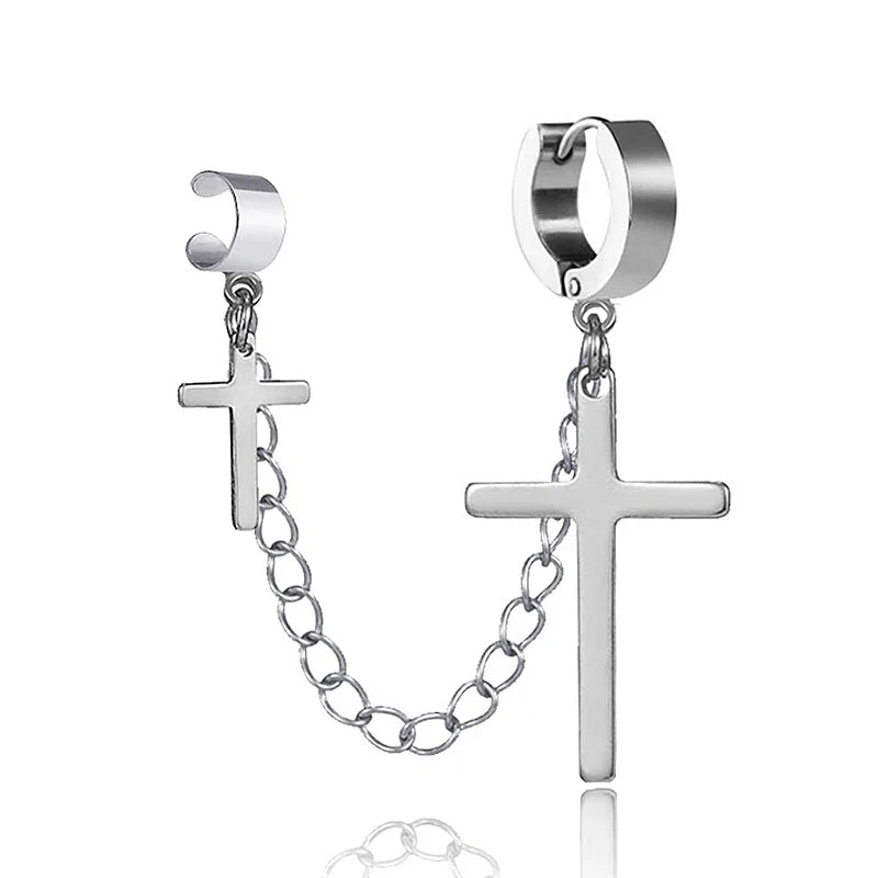 Punk Cross Pendant Clip Earring | Unisex Metal Chain Tassel Ear Cuff