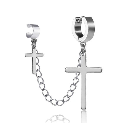 Punk Cross Pendant Clip Earring | Unisex Metal Chain Tassel Ear Cuff