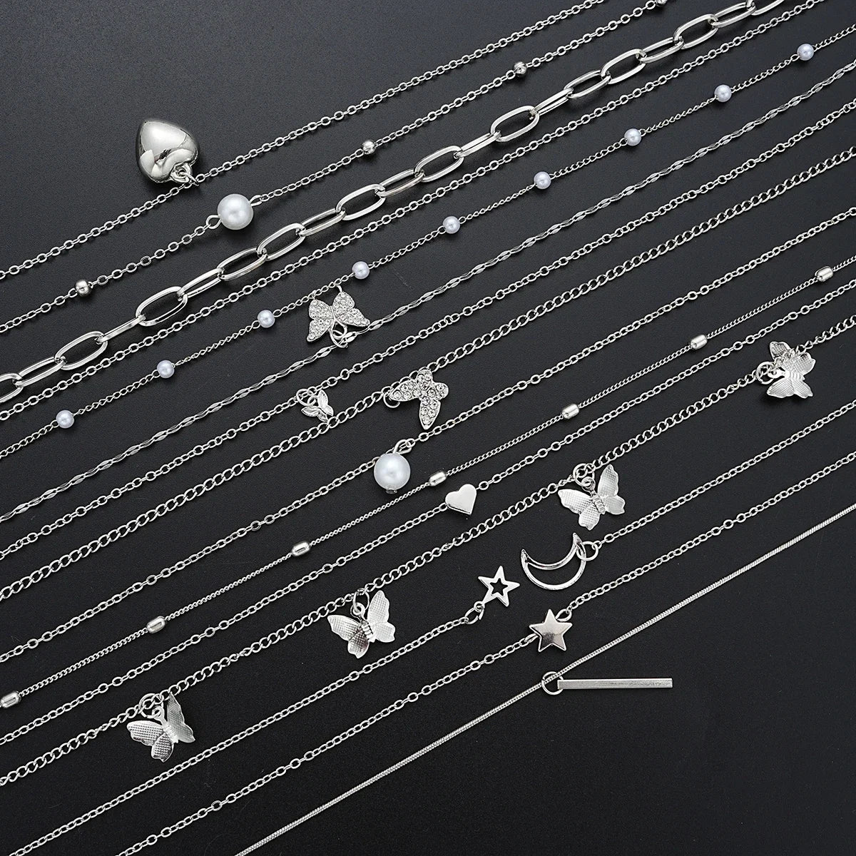 13Pcs/Set Simple Temperament Necklace Set Butterfly Pearl Heart Star Zircon Silver Color Necklace for Women Fashion Jewelry Gift