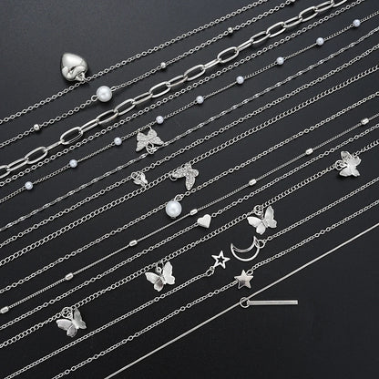 13Pcs/Set Simple Temperament Necklace Set Butterfly Pearl Heart Star Zircon Silver Color Necklace for Women Fashion Jewelry Gift
