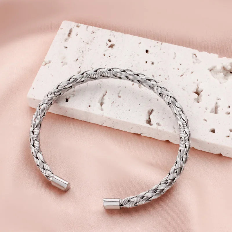 1Pcs Titanium Steel Woven Bangle Trendy And Minimalist Style Steel Wire Braided Adjustable C-shaped Opening Bracelet