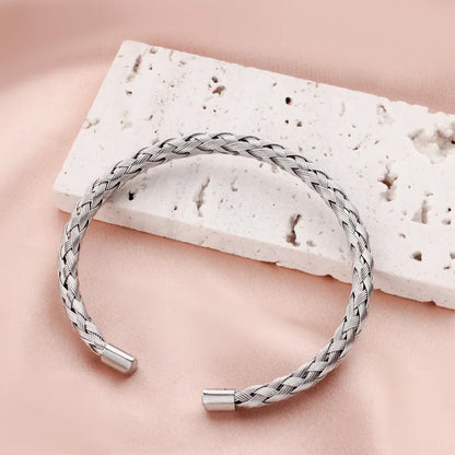 1Pcs Titanium Steel Woven Bangle Trendy And Minimalist Style Steel Wire Braided Adjustable C-shaped Opening Bracelet