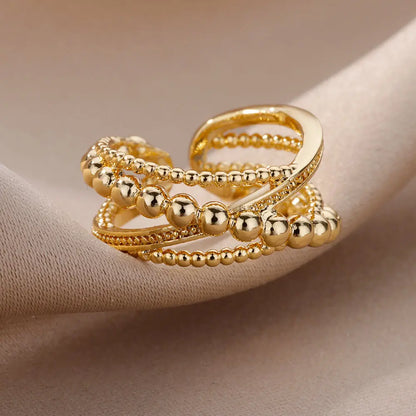 Stainless Steel Bead Twist Cross Rings For Women Gold Plated Irregular Opening Ring Wedding Aesthetic Jewelry anillos mujer
