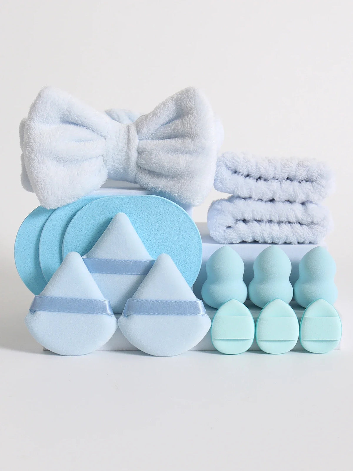 15Pcs Multi-Colored Fluffy Headband and Makeup Sponge Set | Sweet Style Beauty Kit