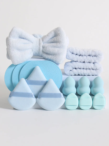 15Pcs Multi-Colored Fluffy Headband and Makeup Sponge Set | Sweet Style Beauty Kit