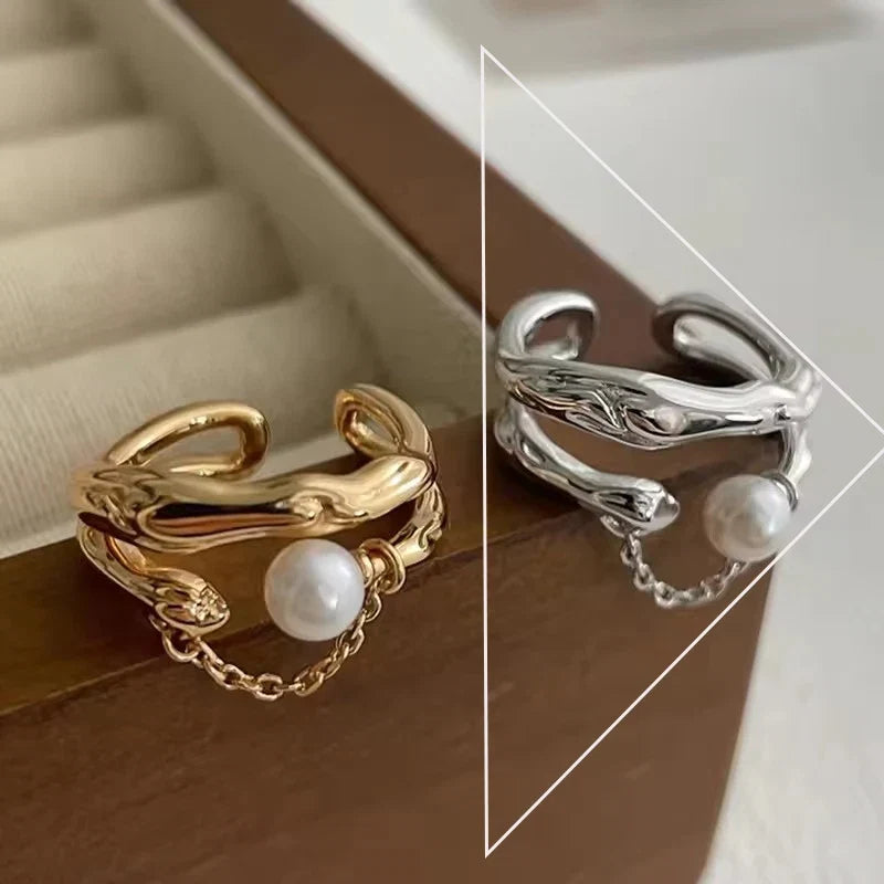 PANJBJ 925 Sterling Silver Pearl Irregular Ring | Women Shell Overlapping Hollow Sweet Design Jewelry