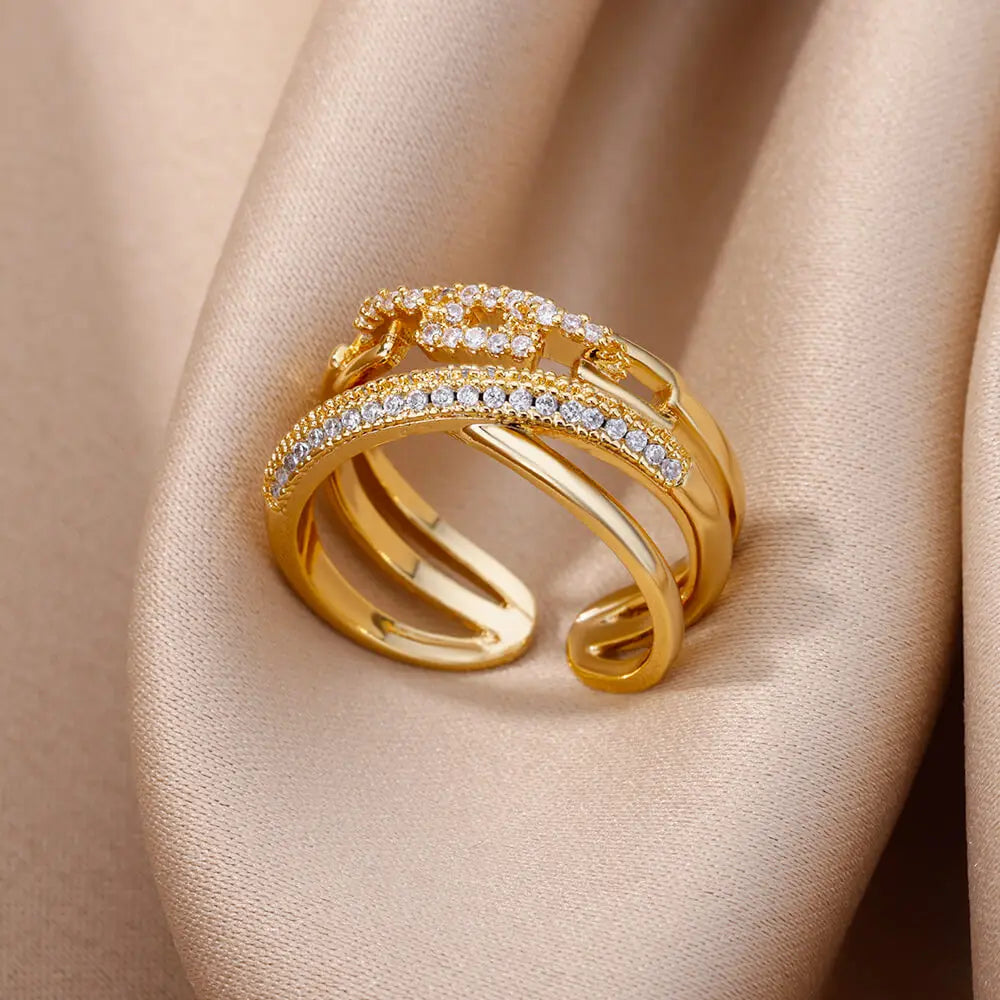 Zircon Twist Chain Open Rings For Women Stainless Steel Geometric Twist Wrapped Adjustable Ring Wedding Aesthetic Jewelry Gift