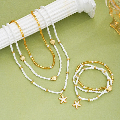 6Pcs/Set Rice Beaded Shell Starfish Pendant Necklace Bracelets Bohemian Elegant Gold White Color Jewelry Set Holiday Accessories