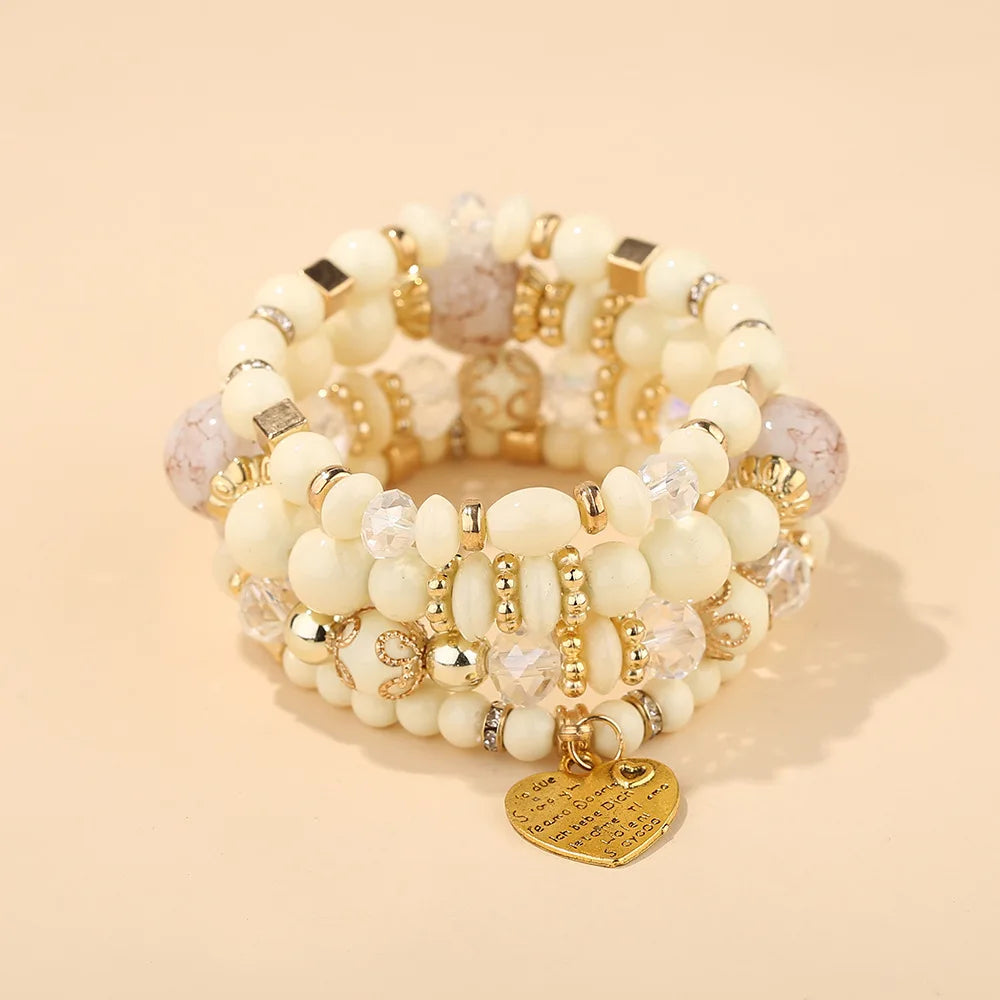 4Pcs Boho Crystal Beads Chain Bracelet Set For Women Vintage Heart Charm Elastic Bangle Female Fashion Party Jewelry
